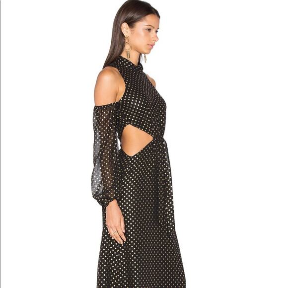 LPA Dress 43 in gold polka dot side cutout cold shoulders halter maxi dress - Picture 11 of 12